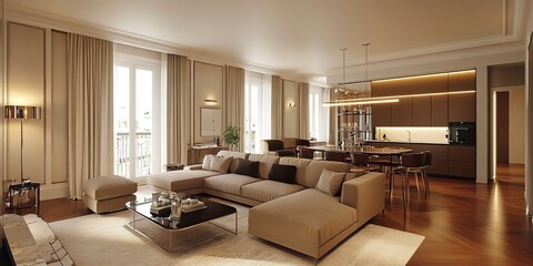 Fototapeta premium Modern office interior with glass walls, wooden flooring and large windows