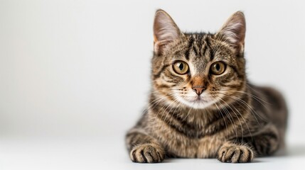 Obraz premium Close-Up Portrait of a Curious Tabby Cat with Striking Yellow Eyes Against a White Background