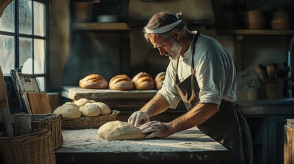 Senior Baker Kneading Dough in Rustic Bakery Kitchen