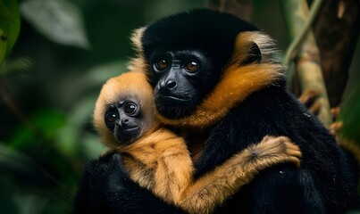 Obraz premium close image of Yellow Cheeked Gibbon monkey (Nomascus Gabriallae) mother with child in the forest. 