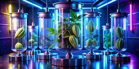 futuristic sci-fi ylang pods neon lights glowing accents futuristic laboratory setup isolated glass container bold experimental avant-garde