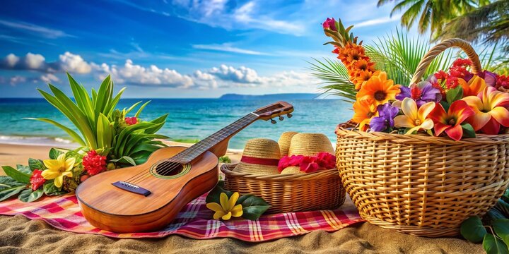 playful carefree ukulele rhythms on sun-kissed tropical beaches with colorful floral patterns and woven baskets in a bright cheerful atmosphere.