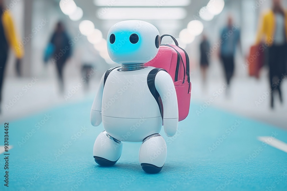 Poster adorable small robot with a backpack standing in a busy urban environment highlighting themes of exp