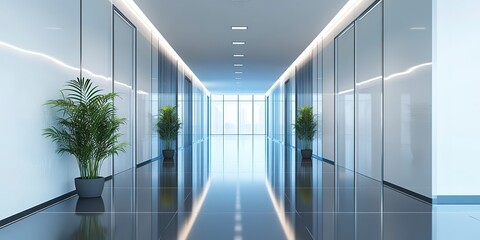 Obraz premium Modern corporate office corridor with glossy floor and LED lighting. Interior design photography with perspective view. Professional business environment concept. Design for corporate brochure