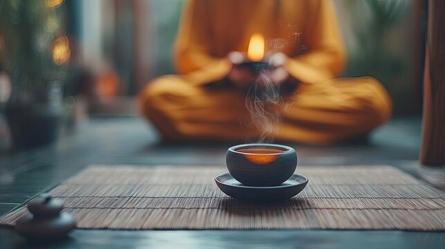Individual enjoying a mindful tea ceremony, focusing on the sensory experience and tradition, illustrating the calming effects of ritual on well-being