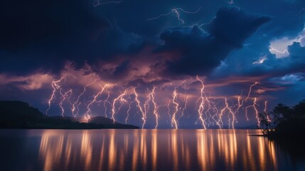 Dramatic Lightning Storm Over Lake With Reflection.