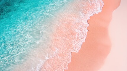 Aerial View of Turquoise Ocean Waves Crashing on a Pink Sand Beach