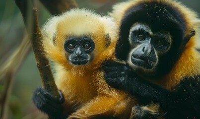 Fototapeta premium close image of Yellow Cheeked Gibbon monkey (Nomascus Gabriallae) mother with child in the forest. 