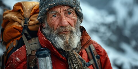 A weathered adventurer stares into the camera, his face etched with a lifetime of experiences.