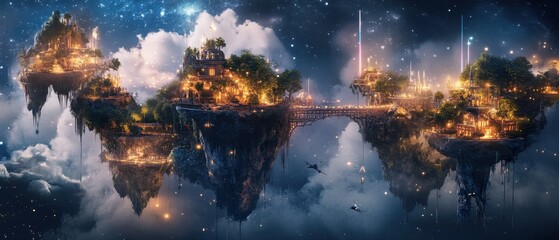 Fototapeta premium Fantasy Floating City with Lights and Stars in Night Sky.