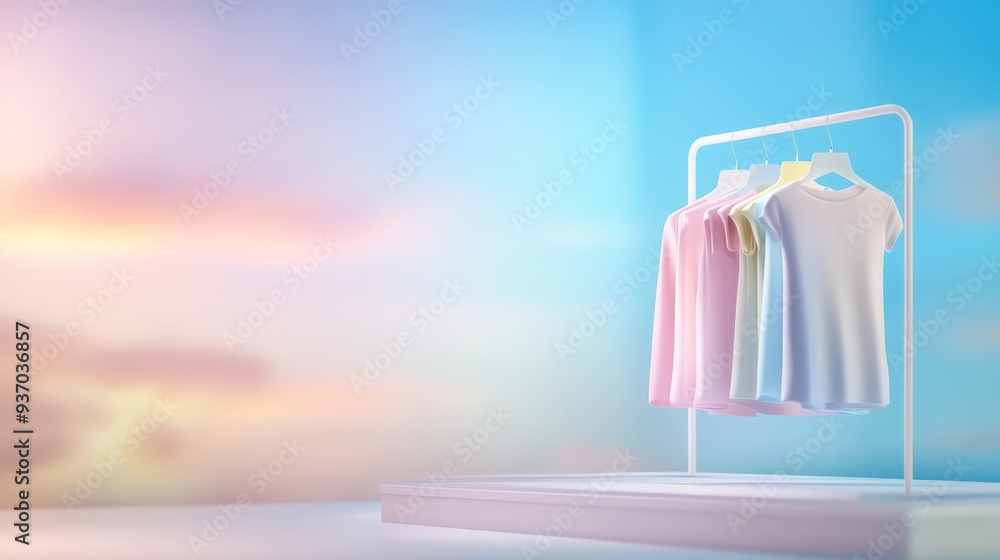 Wall mural Minimalist Clothes Rack with Pastel Background and Copy Space