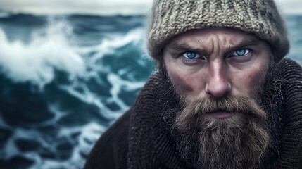 Portrait of a Rugged Man with a Long Beard and Blue Eyes,  Sea Waves in the Background.