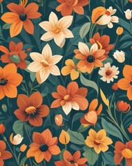 Fototapeta premium Textures and tile backgrounds of A colorful floral pattern with orange and yellow flowers mosaic textures, repeating backgrounds