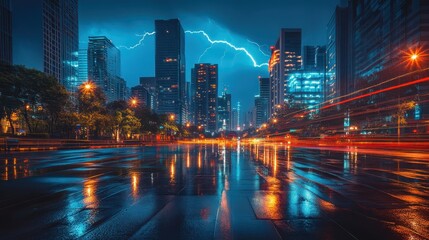 Obraz premium Cityscape with Lightning Strike and Light Trails in the Rain.