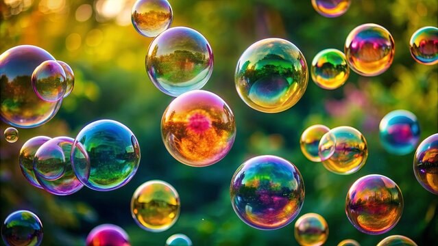 Colorful soap bubbles floating gracefully in the air, creating playful and whimsical reflections