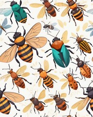 Textures and tile backgrounds of A colorful pattern of insects, including bees and butterflies mosaic textures, repeating backgrounds