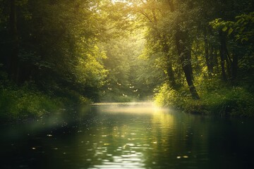 Obraz premium Magical Forest River with Sunlight Filtering Through Trees and Butterflies Flying
