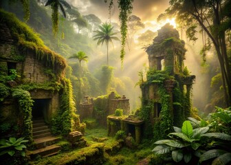 Naklejka premium exotic eerie fog-shrouded jungle ruins, ancient stone structures overgrown with vines, creepy misty atmosphere, warm golden light, Papua New Guinea tropical rainforest