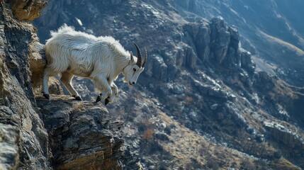 Mountain Goat Perched On Rocky Cliff Edge - Wildlife Photography.