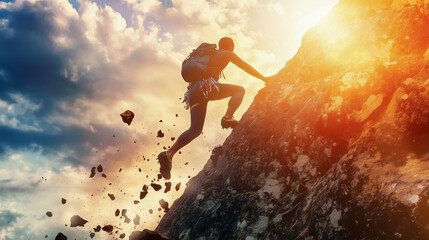 Strong man climbing vertical mountain with dramatic sunset light. Some rocks and dirts falling. Hard and difficult situation concept.