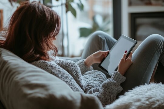A woman relaxing and using a tablet pc on the sofa at home. Women relaxing at home