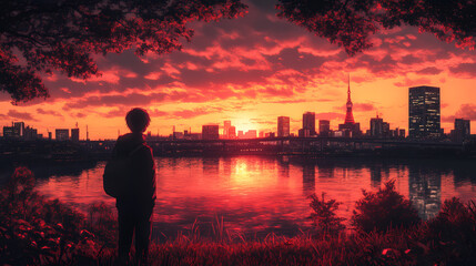 Fototapeta premium Cozy Sunset Cityscape in Anime Manga Art Style with Stunning Sky and Clouds