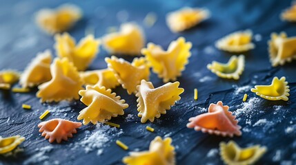 Heart shaped pasta on the black slate table isolated on colorful background
