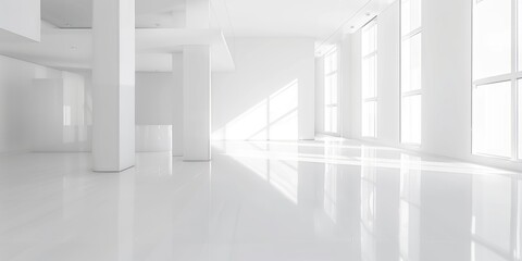 Fototapeta premium Bright white minimalist interior with large windows and clean lines. Modern architectural space.