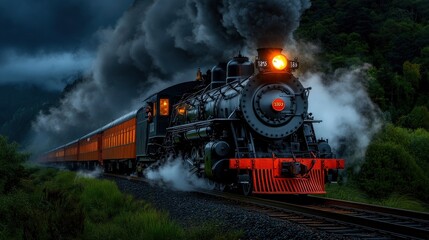 Steam Locomotive Train Traveling Through Forest at Dusk