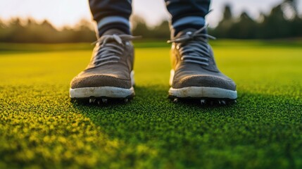 Fototapeta premium A close-up of golf shoes on the green, symbolizing the importance of stability and balance