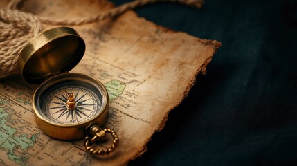 Vintage Compass on Old Map with Rope