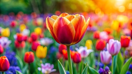 Vibrant tulip blooming in a colorful garden, showcasing the beauty of nature in spring
