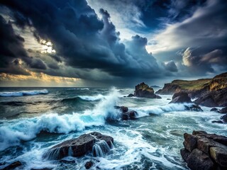 Obraz premium moody dramatic stormy sea rocky coast waves crashing dark skies ominous atmosphere high contrast low key monochrome rugged textures