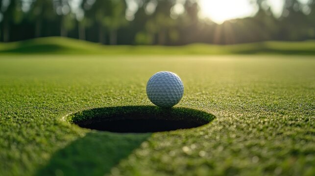 A golf ball dropping into the hole, capturing the satisfaction of a successful putt