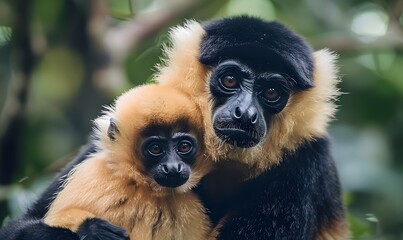 Fototapeta premium close image of Yellow Cheeked Gibbon monkey (Nomascus Gabriallae) mother with child in the forest. 