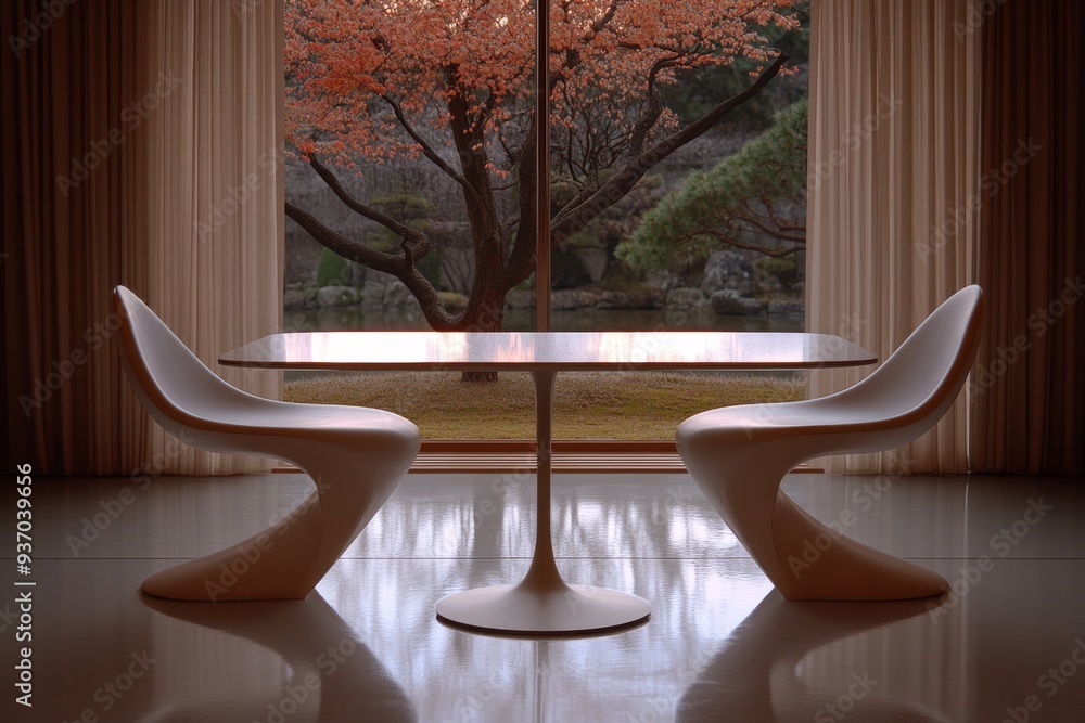 Poster a minimalistic interior scene featuring a modern table and chairs surrounded by nature visible throu
