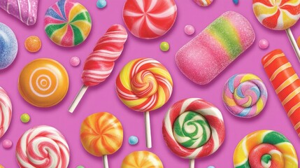 Fototapeta premium Colorful Candy Sweets Pattern on Purple Background
