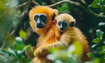 Fototapeta premium close image of Yellow Cheeked Gibbon monkey (Nomascus Gabriallae) mother with child in the forest. 