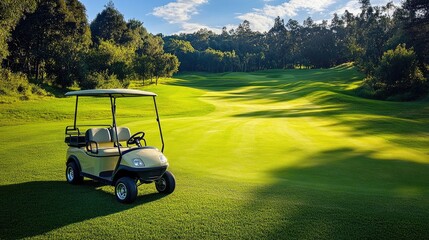 A golf cart parked next to a neatly trimmed fairway, ready for the next hole