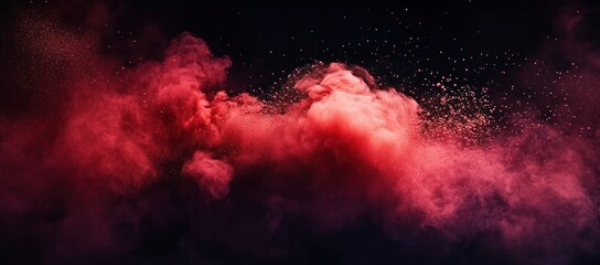 Red color powder cloud on black background. Abstract red dust explosion. Red smoke or pink fire