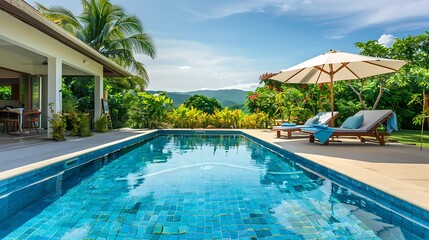 Holiday villa swimming pool with sun loungers and parasol
