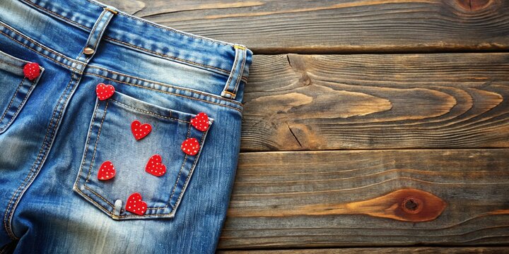 dainty red stickers peeking out from behind distressed denim jeans on a worn wooden table for a casual laid-back summer sale mood - Powered by Adobe