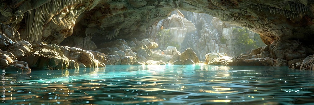 Poster a serene cave with shimmering water and natural light illuminating the surroundings.