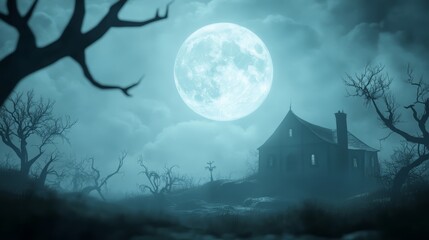Fototapeta premium Spooky Haunted House Under Full Moon with Fog and Bare Trees