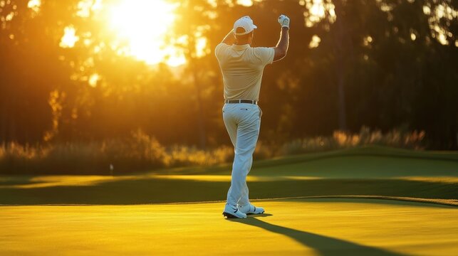 A golfer celebrating a successful putt with a triumphant fist pump, showcasing the joy of the game