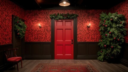 Festive Entryway with Red Door and Christmas Decorations