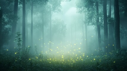 Mystical Forest with Fireflies and Fog