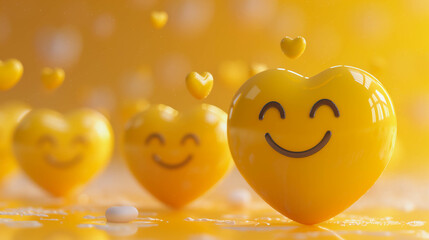 Cheerful Yellow Heart Smilies in 3D Animation for Positivity