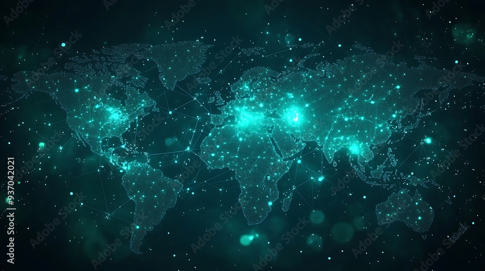Poster a glowing, interconnected world map representing global communication