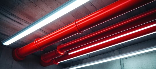 Obraz premium Red firefighting pipes in the ceiling of an office building, with white light strips on top and bottom